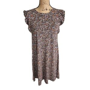 Loft Floral Ruffle Sleeve‎ Shift Dress Black Orange White Casual Cute Size XS